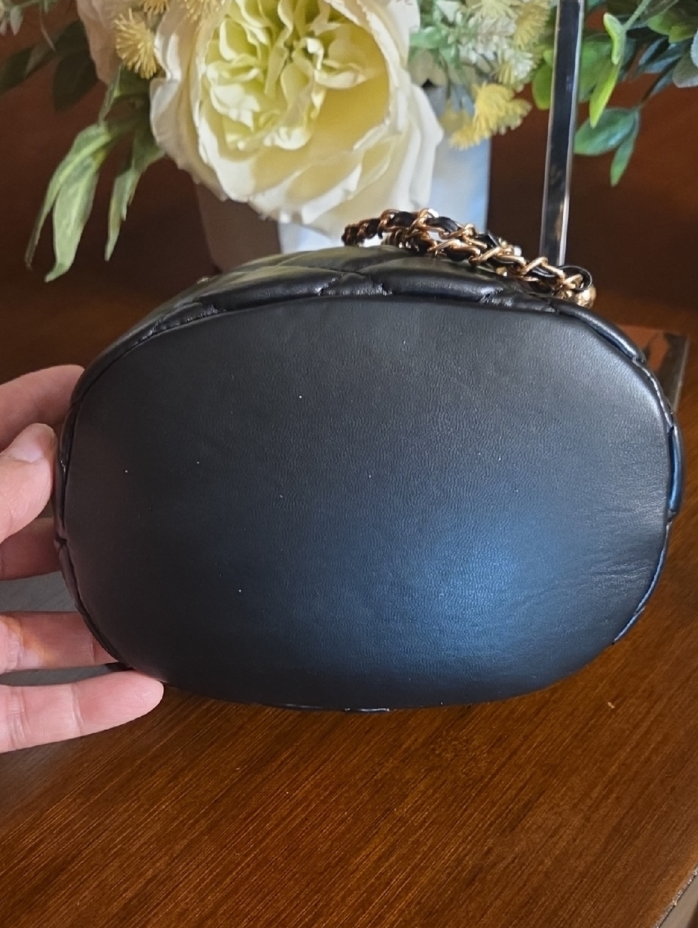 Black Quilted Bucket Bag with Floral Pins - Picture 7 of 14